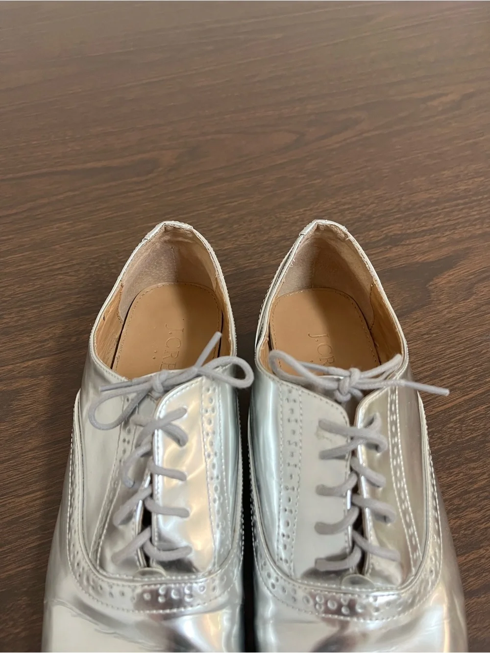 J.Crew Womens 7.5 Silver Metallic Leather Oxfords Cap Toe Brogue Lace Up